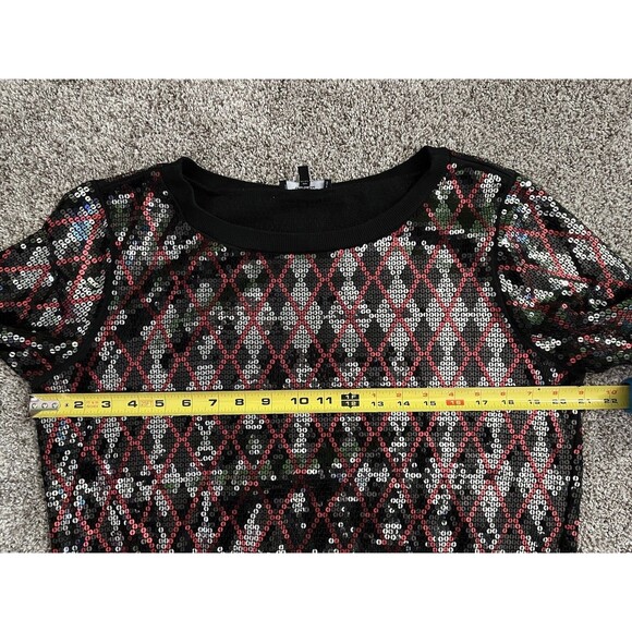 EXPRESS Black Red Silver Sequin Pullover Sweatshirt Top 3/4” Sleeve Size Large - Picture 7 of 10